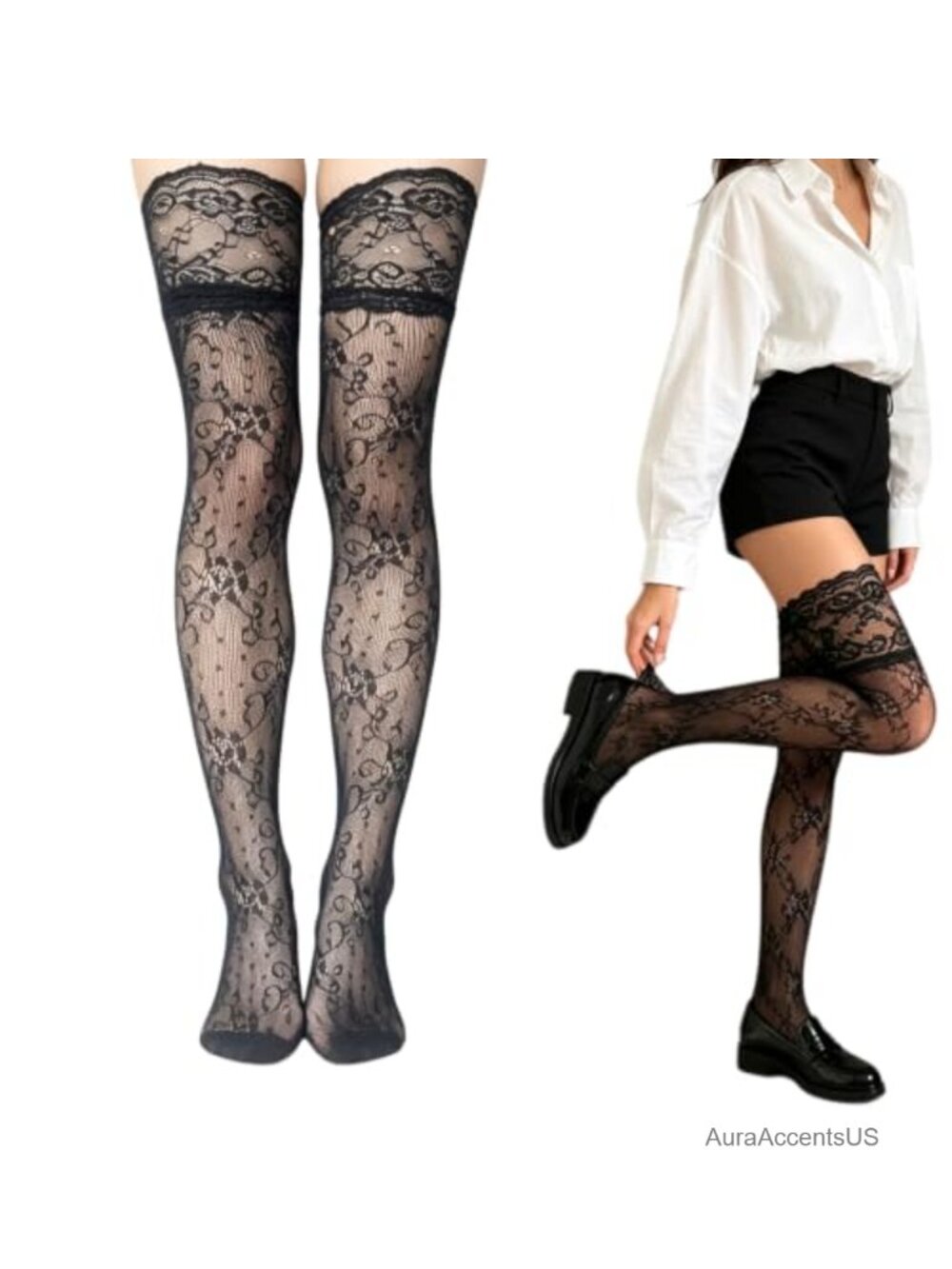 Women's Lace Thigh High Socks Floral Patterned Stockings Gothic Coquette Hosiery